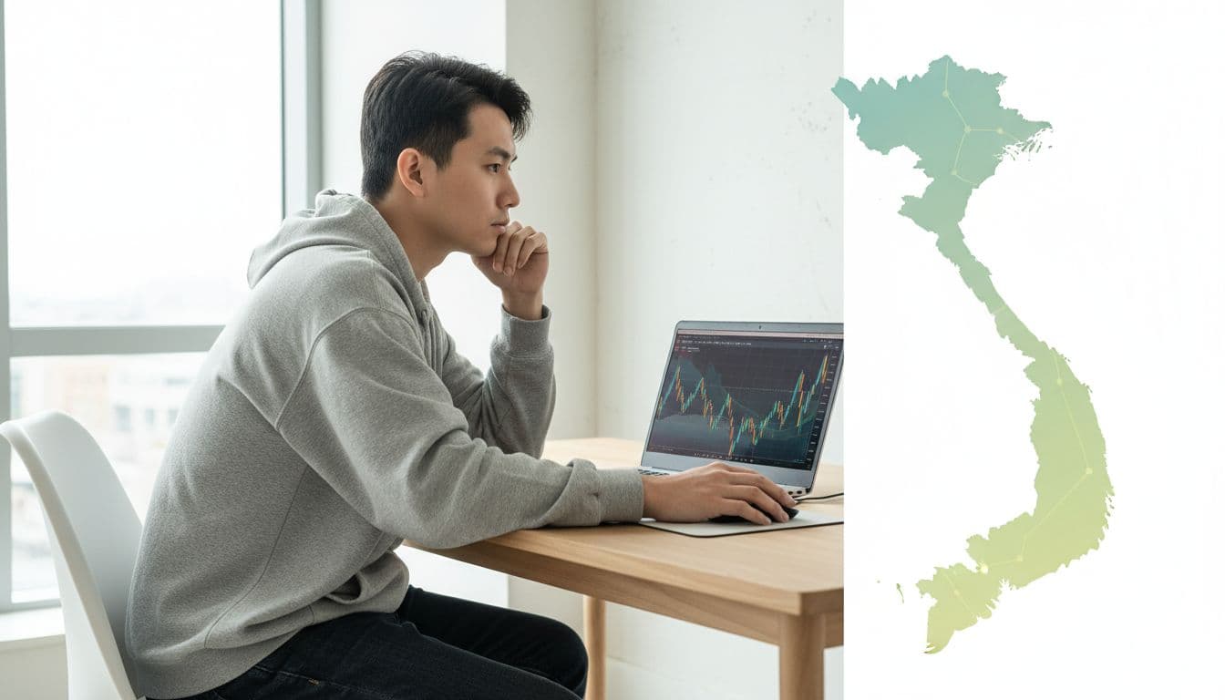 A young man in casual clothes sits at a modern desk, laptop open to abstract financial charts with a subtle Vietnam map beside it, chin on hand in thoughtful pose, natural daylight, realistic photography.