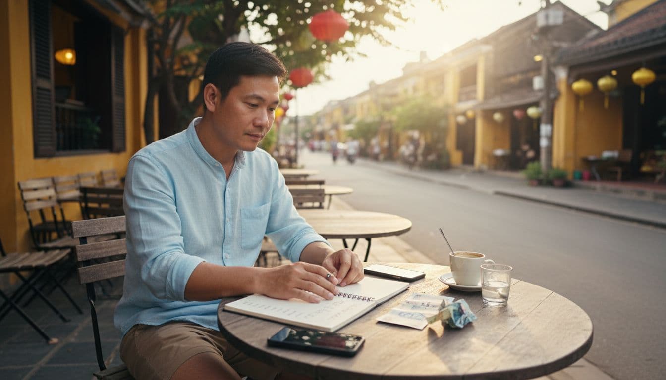 One Asian man sits relaxed at an outdoor cafe table in Vietnam, reviewing a budget list on a notebook with scattered Vietnamese dong banknotes and a smartphone nearby, in natural afternoon sunlight, realistic landscape photography.