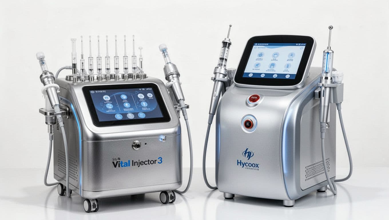 Two water light needle machines side by side in a modern med-beauty clinic: Taiwan Vital Injector 3 multi-needle gun and Korean Hycoox gun, on clean white background with bright lights, metallic details, close-up professional product photo style, no text or watermarks.