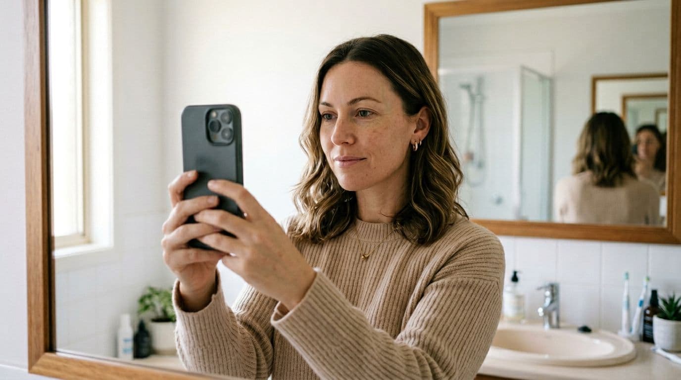 A woman in her 30s stands before a bathroom mirror, capturing a 45-degree selfie of her face with a smartphone held loosely in both hands under soft morning light, emphasizing facial structure in realistic landscape style.