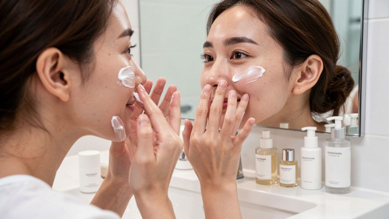 A woman performs her daily skincare routine in front of a bathroom mirror, gently applying moisturizer to her smooth, glowing face with naturally placed hands. The background features a simple white countertop with skincare bottles under soft lighting, creating a warm, realistic lifestyle atmosphere.
