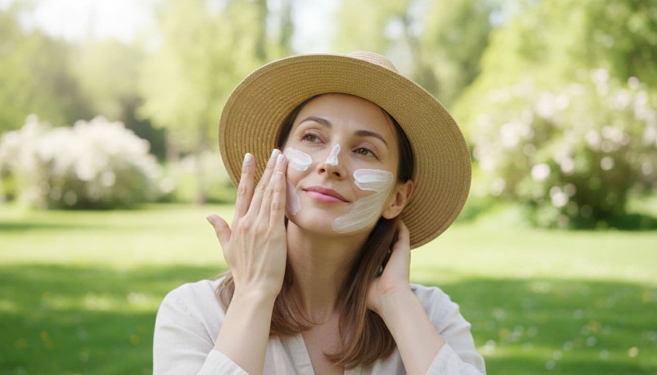 A woman in a sunny outdoor park applies broad-spectrum sunscreen to her face using two fingers, ensuring even coverage on cheeks and forehead in natural daylight.