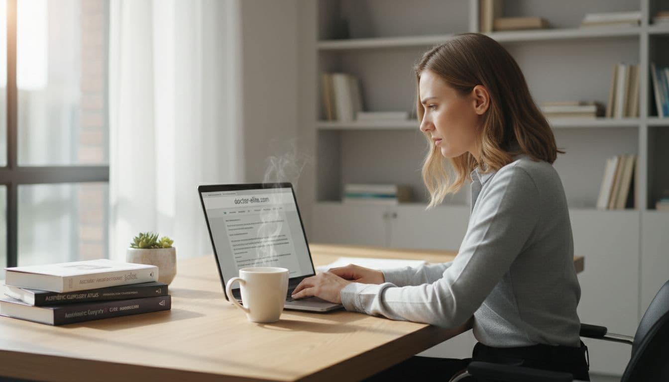 A young woman sits at a bright study desk, using her laptop to browse a physician background website, with medical aesthetics books and coffee nearby. The image focuses on her serious side profile under soft natural light in a realistic, high-detail style.