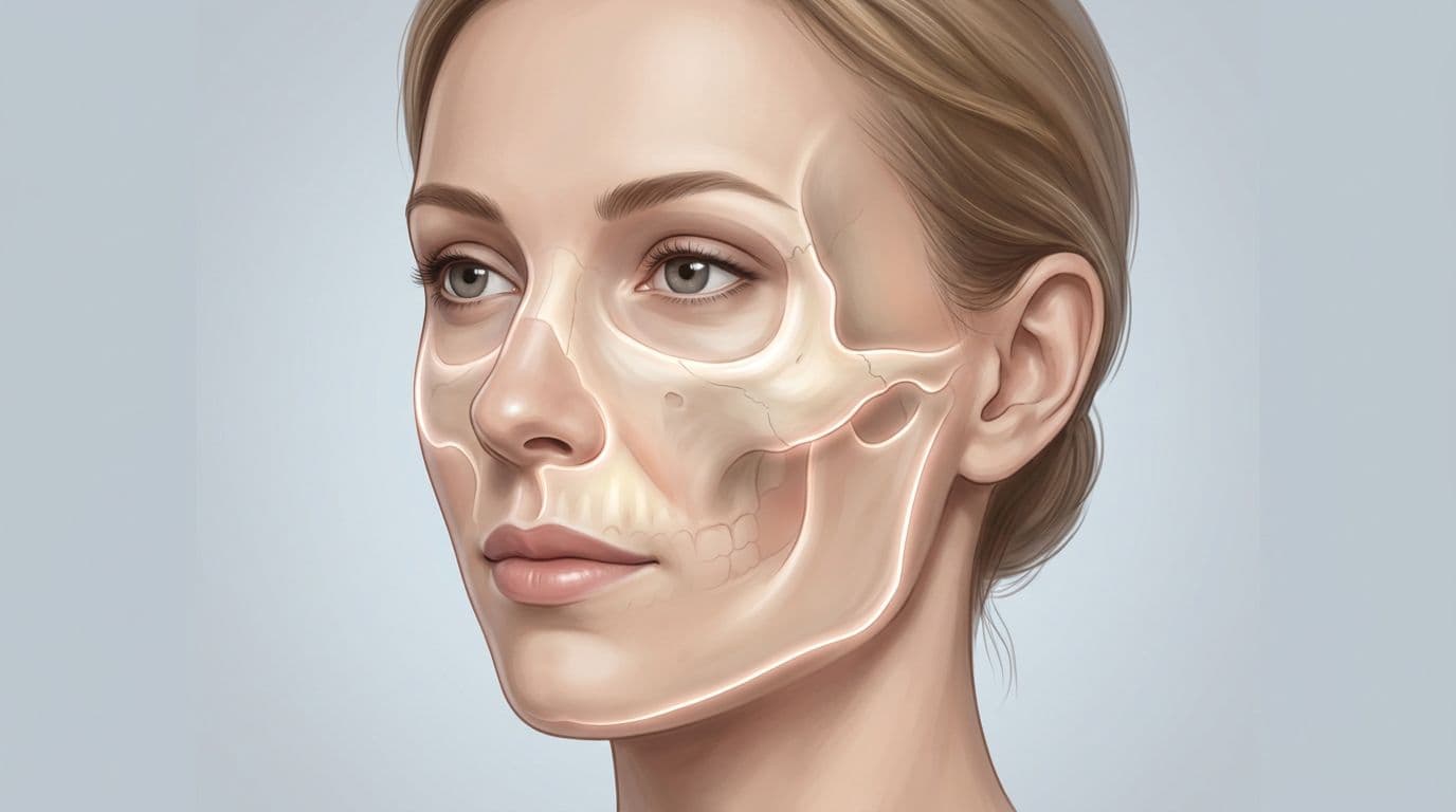 Anatomical illustration of a woman's face highlighting mid-face bone support, cheekbones, upper jaw, and jaw lines with subtle glow on key areas in a medical diagram style featuring soft shading on a neutral background.