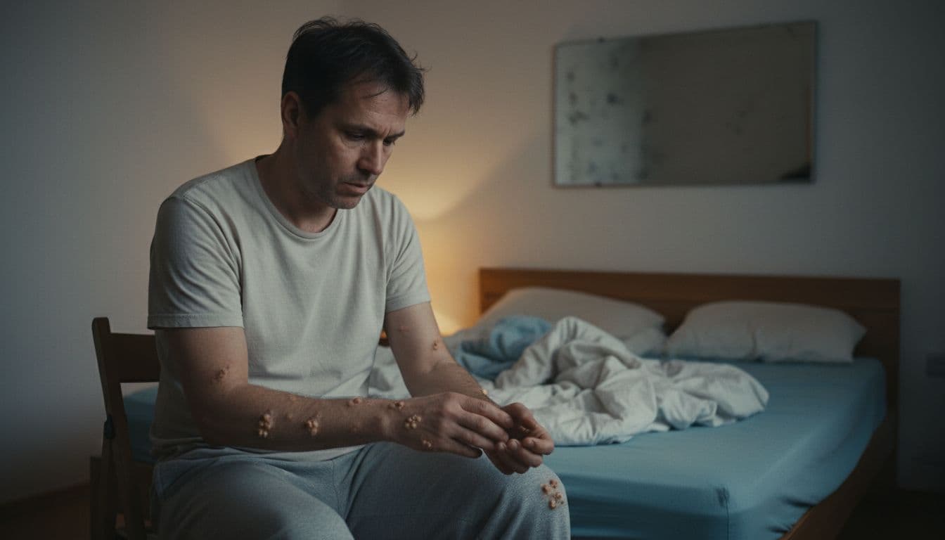 A middle-aged man sits alone in a simple bedroom, looking down at small granular protrusions on his arms and legs with a distressed and fatigued expression. Messy bed and mirror in soft indoor lighting, realistic style with natural details.