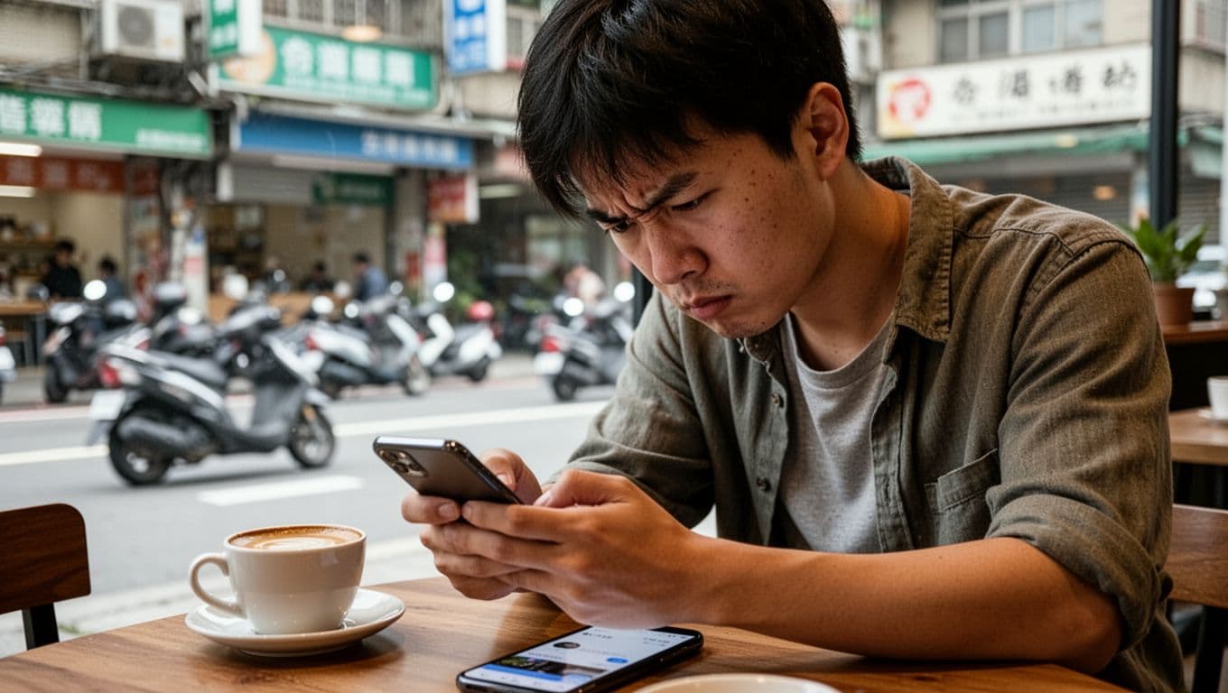 A young Asian man sits alone in a Taiwanese coffee shop, frowning at his phone screen displaying a dating app chat rejection from a girl, with a coffee cup on the table and blurred urban street background.
