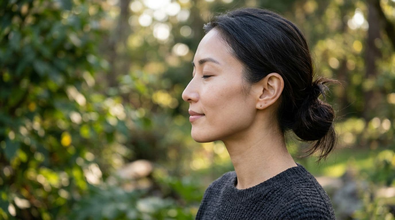 A realistic close-up side profile of a young Asian woman in her 30s with defined cheekbones, natural facial contours, clear jawline, soft even side lighting, and high detail on bone structure with a serene expression.
