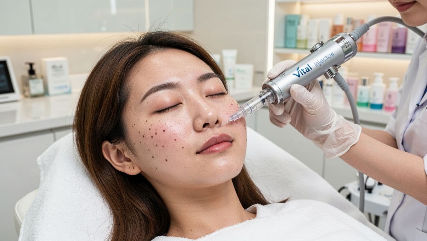 A 25-year-old Asian woman with eyes closed relaxes during a water light needle facial treatment using Vital Injector in a bright modern Taiwan medspa, her skin hydrated and glossy with subtle needle marks, focused on face and device amid clean clinic background.