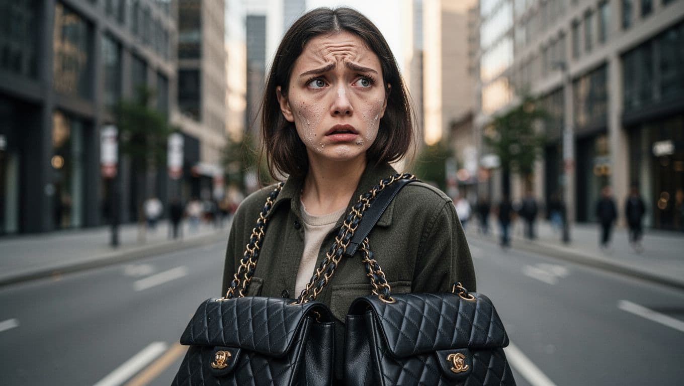 A young woman walks on an urban street carrying a luxury Chanel handbag, her face in focus revealing dry, tired skin with slight nasolabial folds and caked foundation under soft natural light.