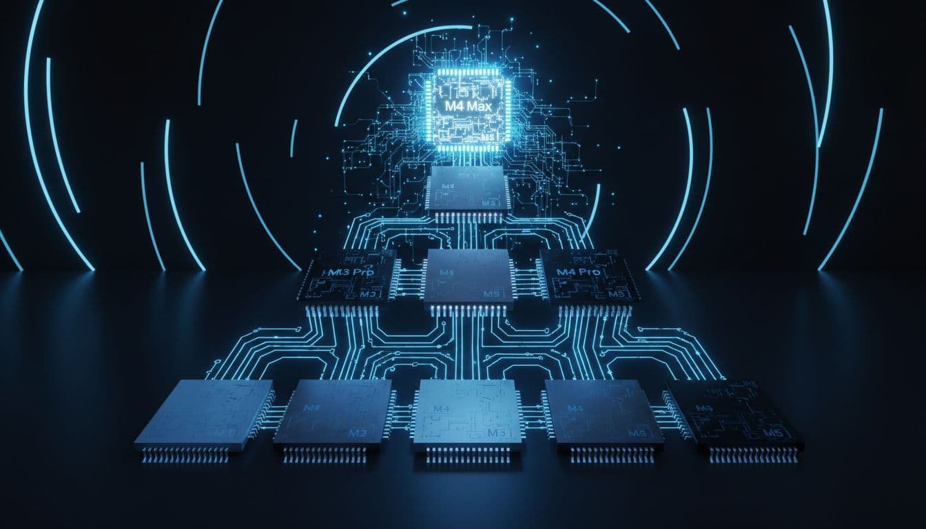 Pyramid of Apple M-series chips with base at bottom, Pro middle, glowing Max top, circuit connections on dark blue neon background.