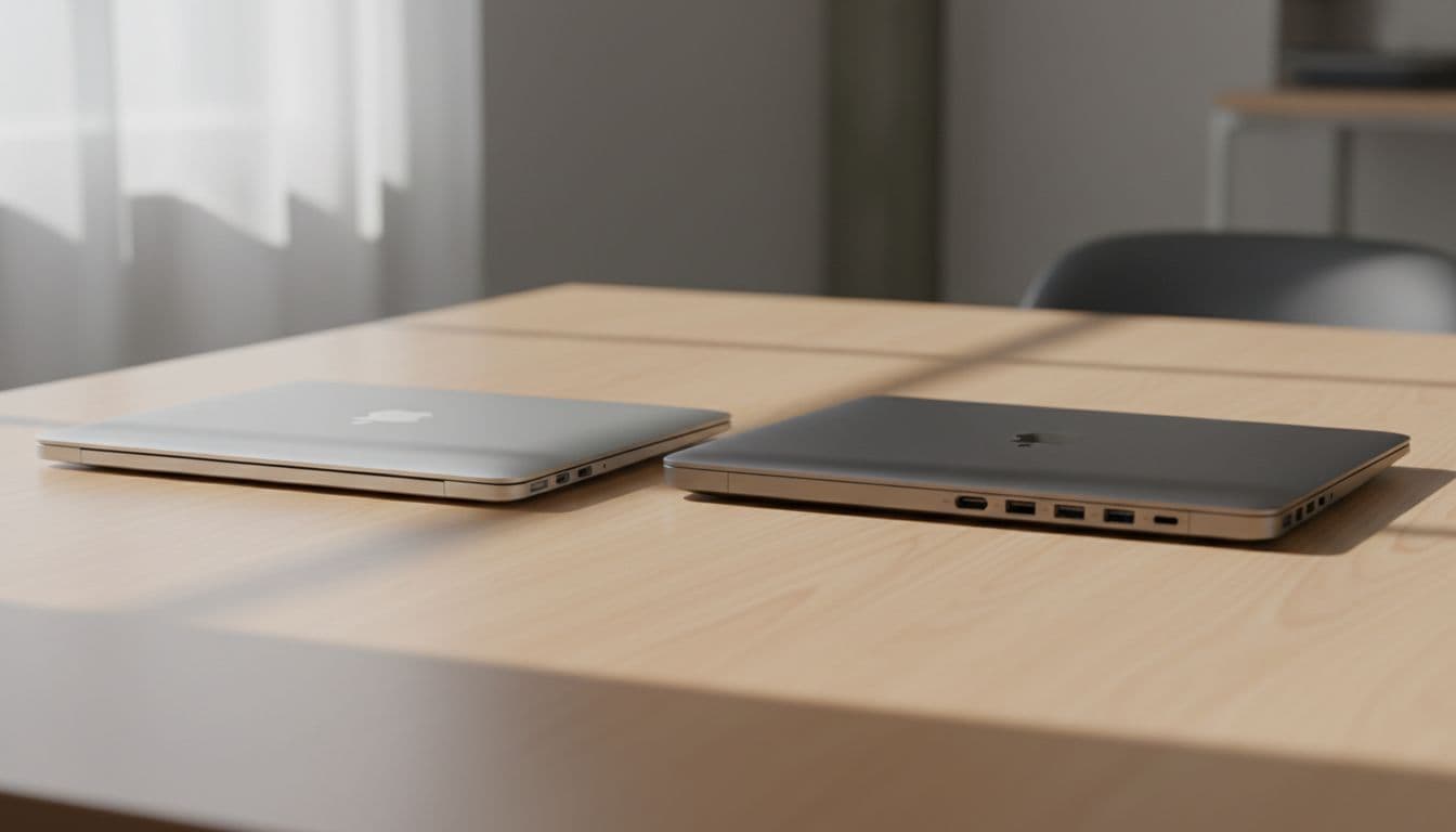 MacBook Air on left and MacBook Pro on right side by side on desk, angled view with closed lids.