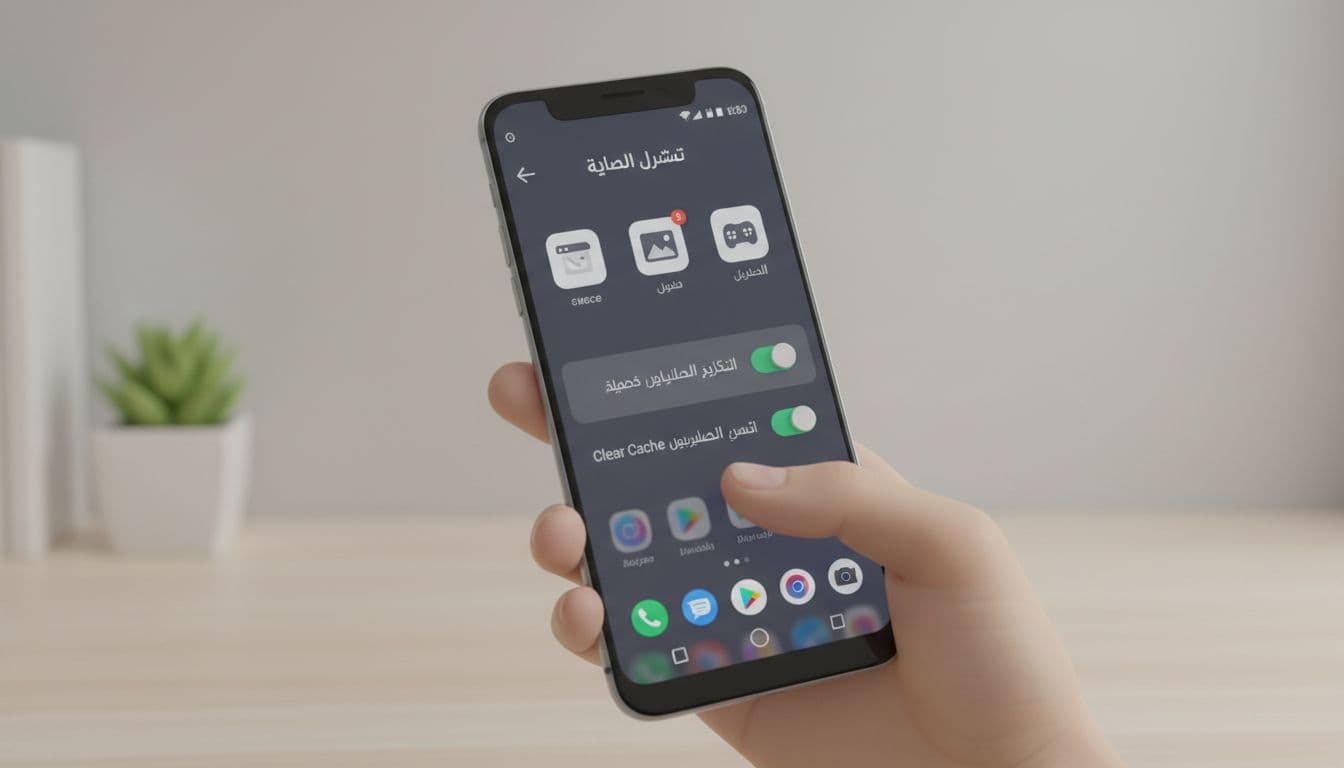 Hand gently touches Android phone screen showing app performance optimization on simple home desk.