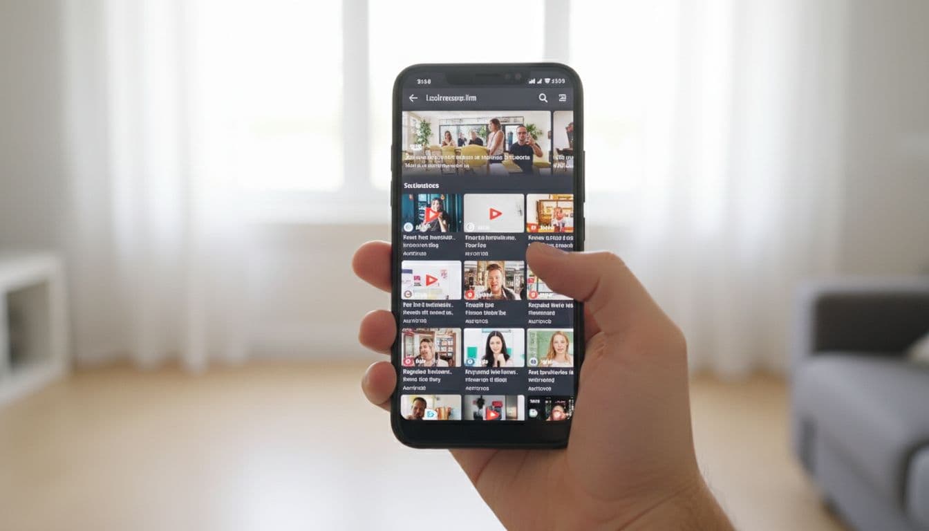 Hand holds mid-spec Android phone showing lightweight social app with seamless short video playback while scrolling in bright home room.