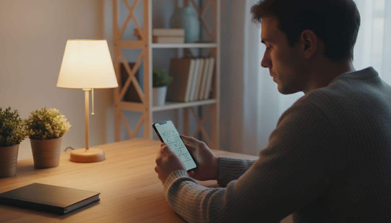 Person at desk holds Android phone with both hands, thoughtful expression gazing at screen in cozy warm-lit room.