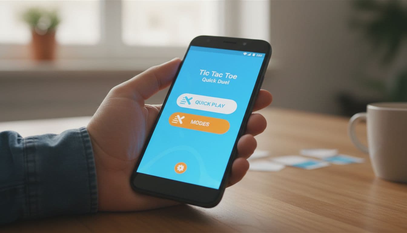 Hand holds Android phone on table showing Tic Tac Toe Quick Duel app main menu with simple buttons.