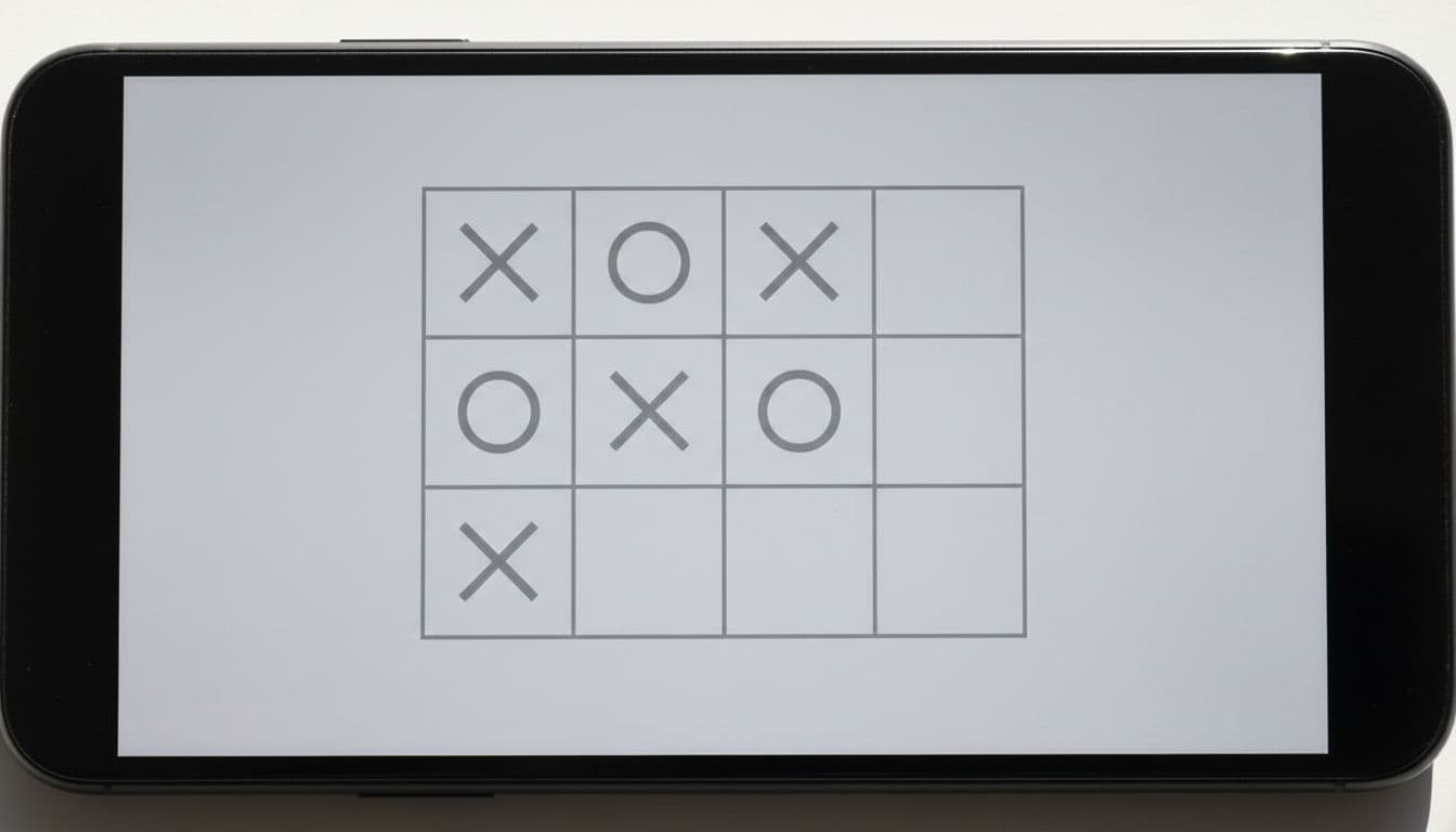 Smartphone screen displays partially filled 3x3 Tic Tac Toe grid with X and O symbols in clean app design.