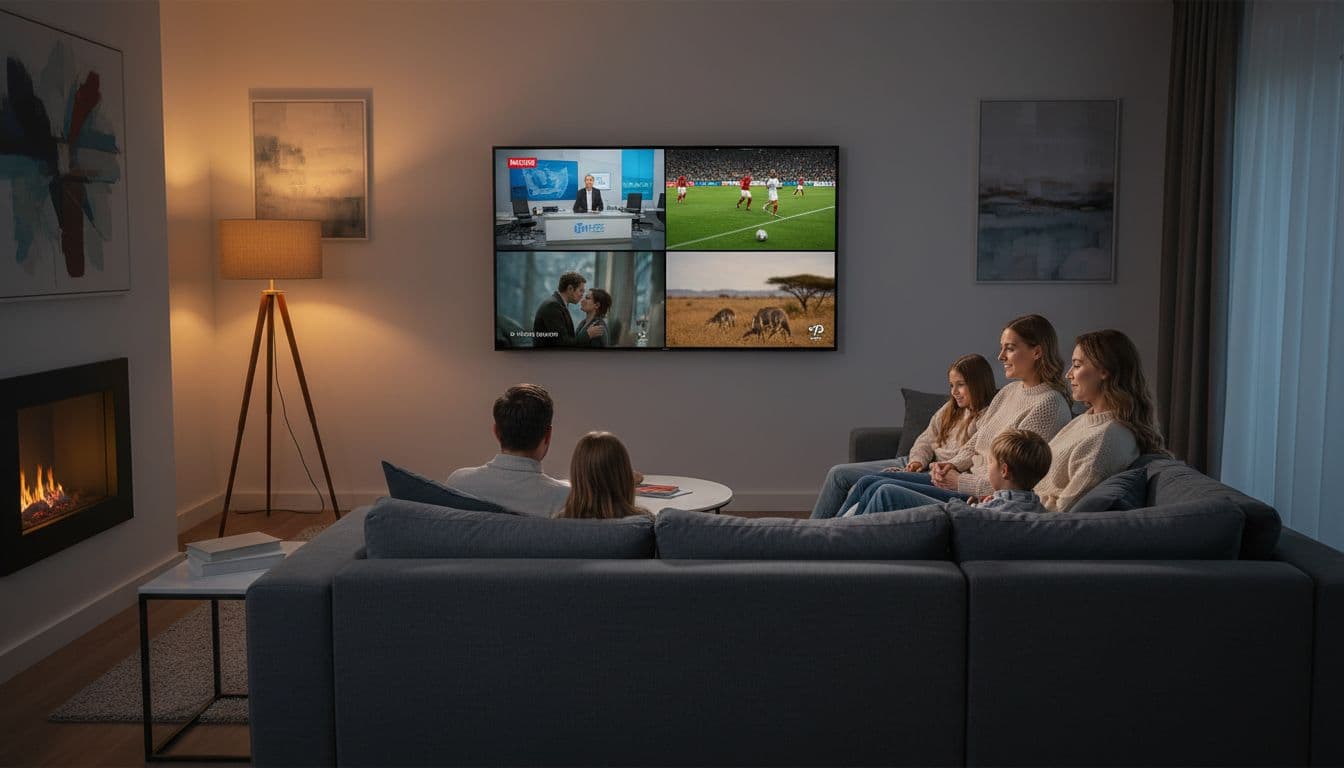 A cozy living room scene features a family of four—two adults and two children—relaxed on a comfortable sofa, watching a large TV screen showing a split montage of live channels like news, sports, and movies. Warm ambient lighting and modern decor enhance the inviting evening atmosphere focused on family viewing experience.