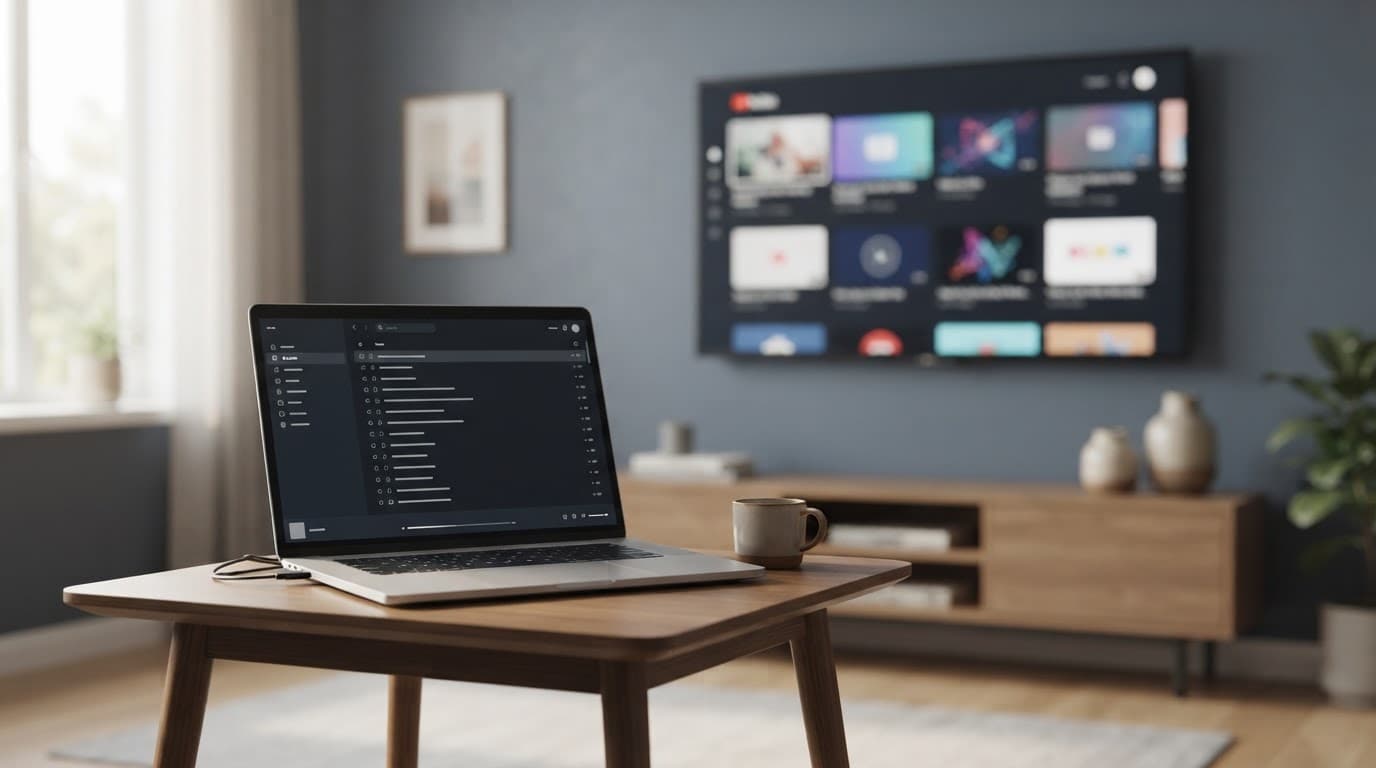 Laptop showing a playlist file in front of a television with abstract streaming thumbnails.