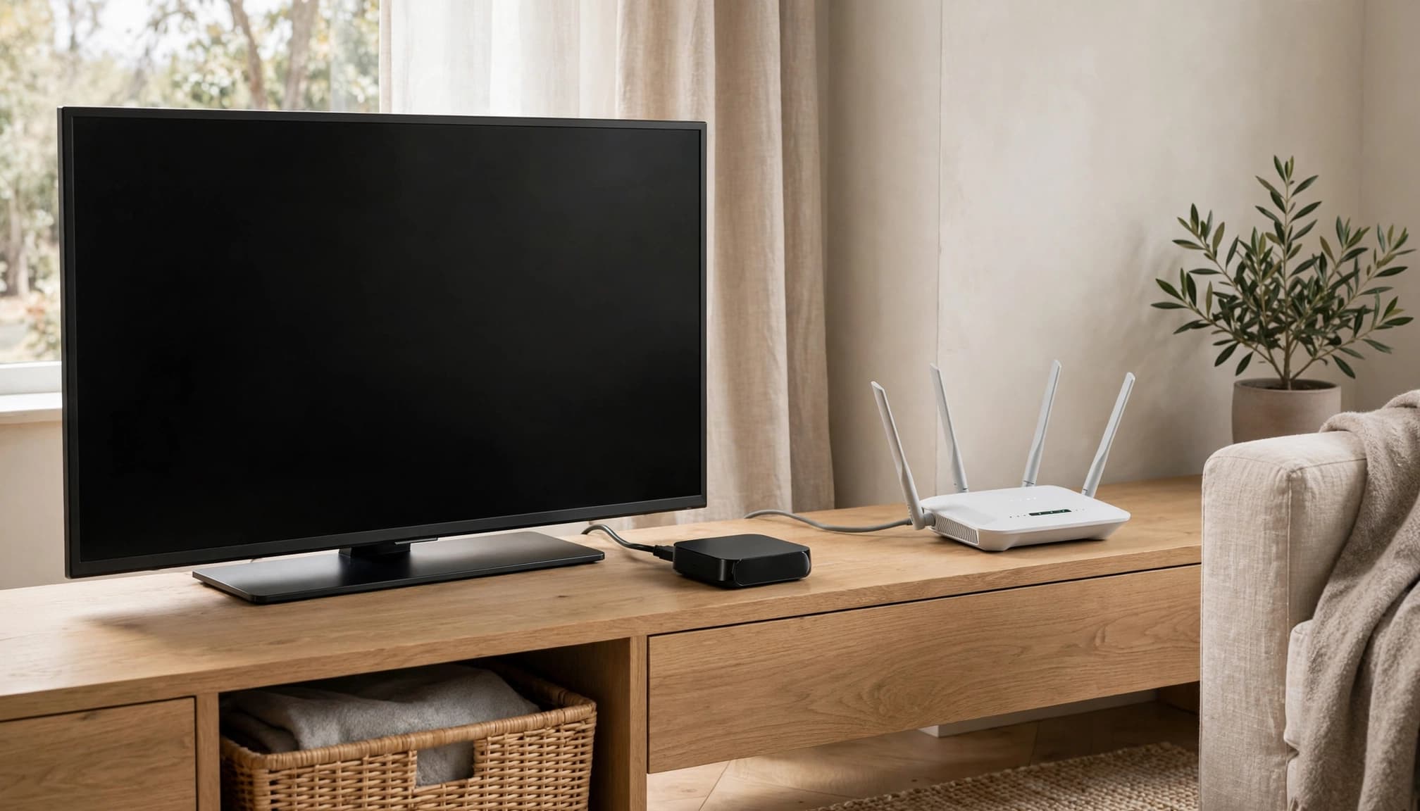 A television, streaming box, and Wi-Fi router sit in a bright living room.
