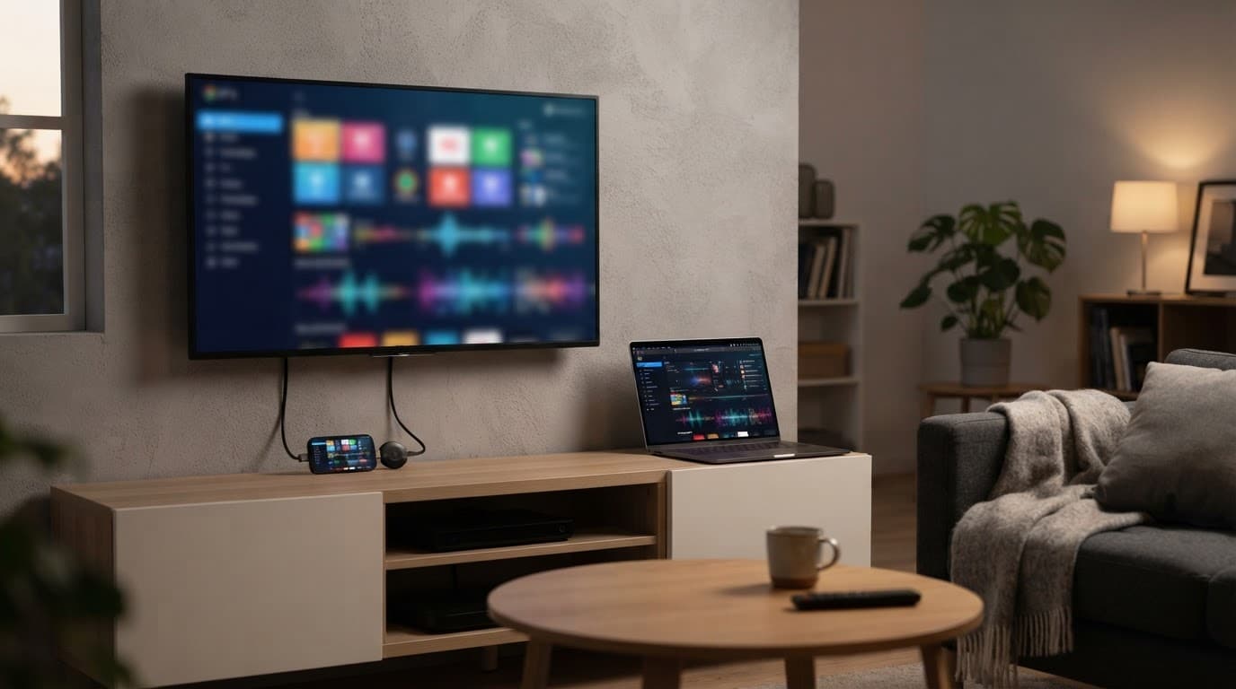 Laptop, smart TV, and streaming stick showing blurred playlist visuals in a modern living room.