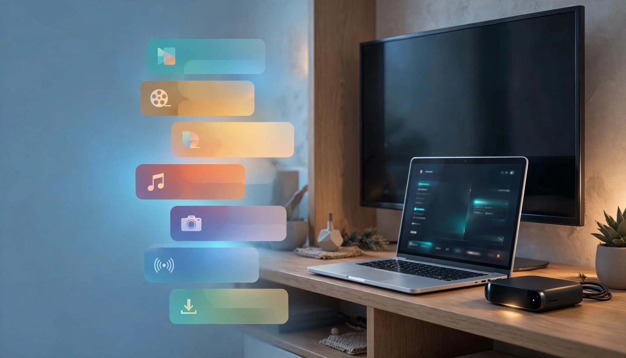 A laptop and streaming device sit beside a television on a tidy shelf.