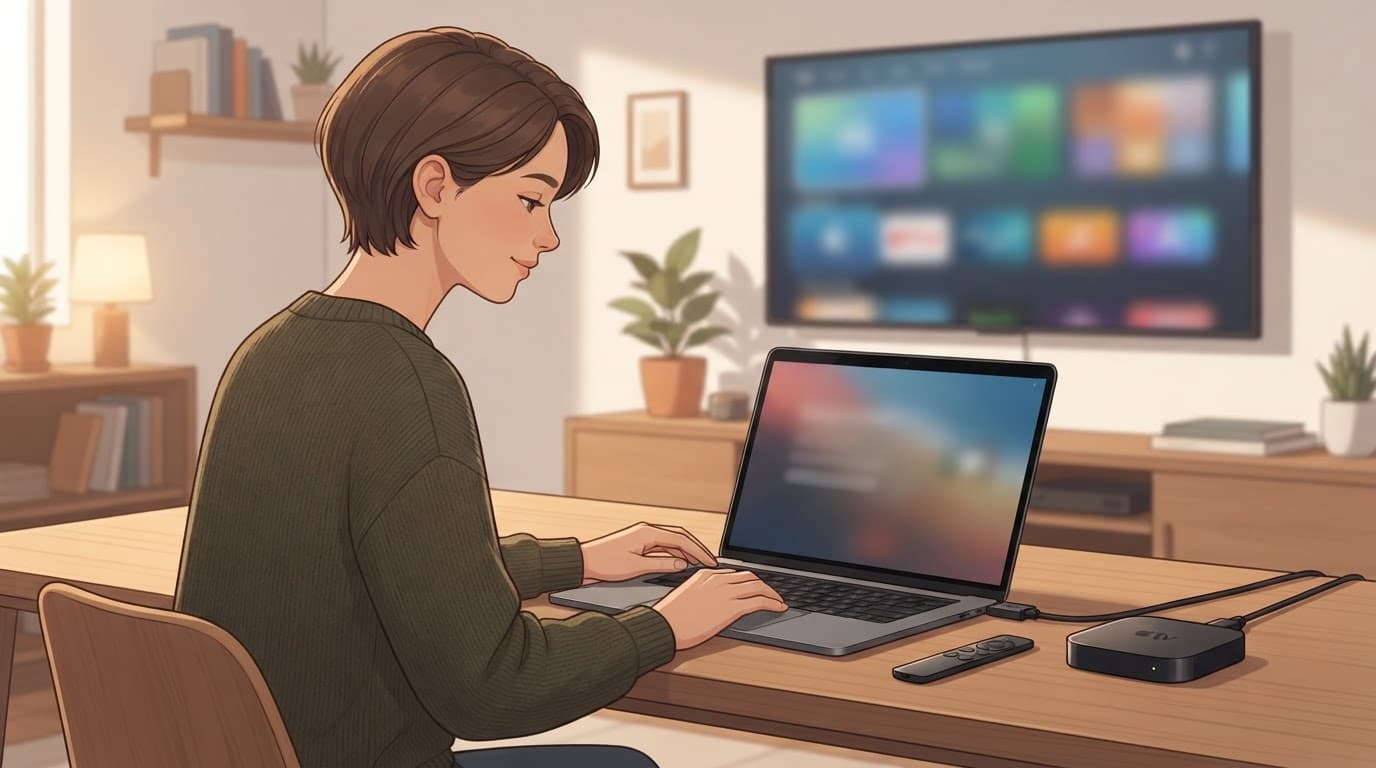 Person setting up an IPTV playlist on a laptop beside a streaming device.