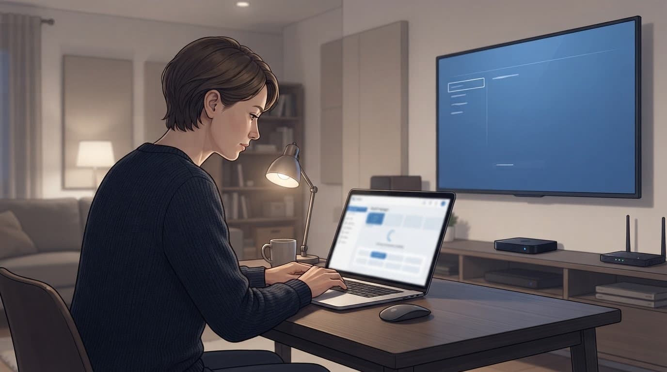 A person checks a laptop beside a television in a tidy media room.
