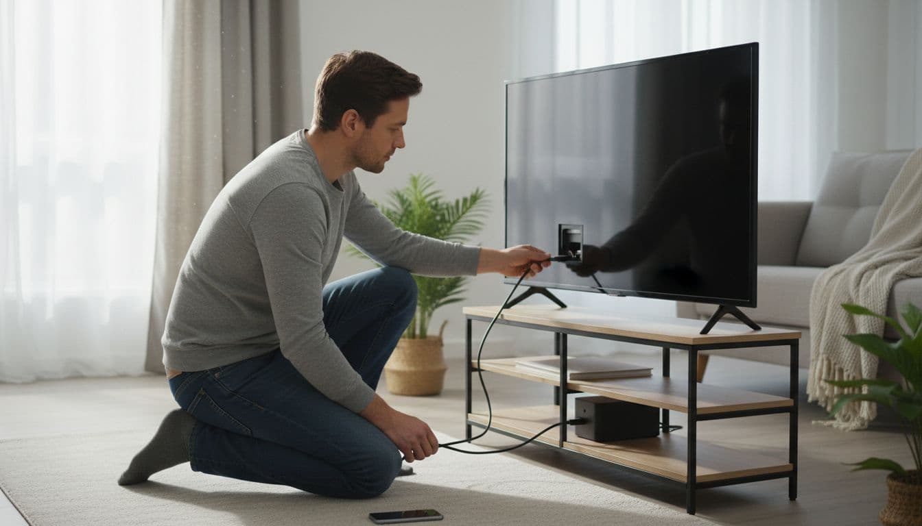 A single adult person kneeling in a simple modern living room connects a small streaming device to a smart TV using an HDMI cable, with remote control and smartphone nearby on the floor under neutral daylight.