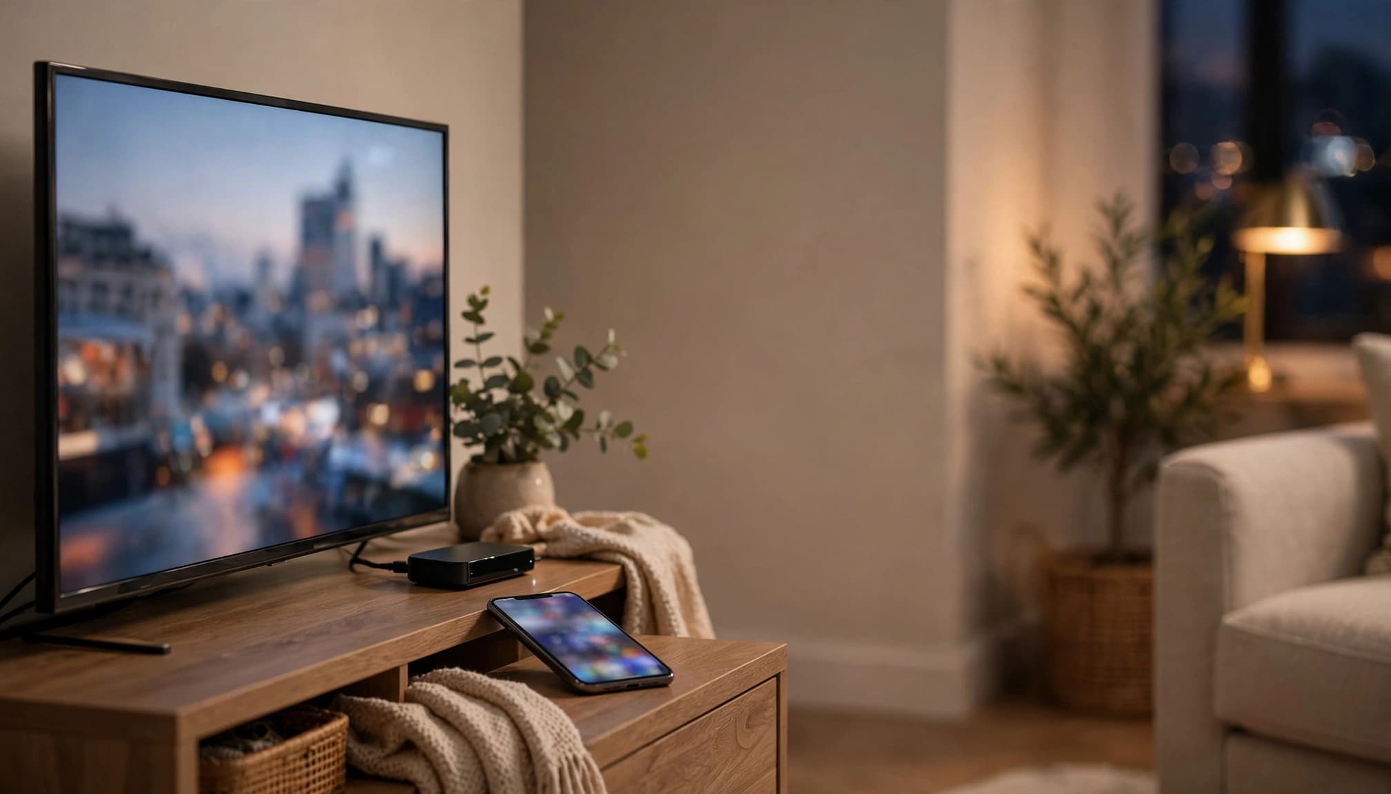 A television, streaming stick, and phone sit together in a warmly lit living room.