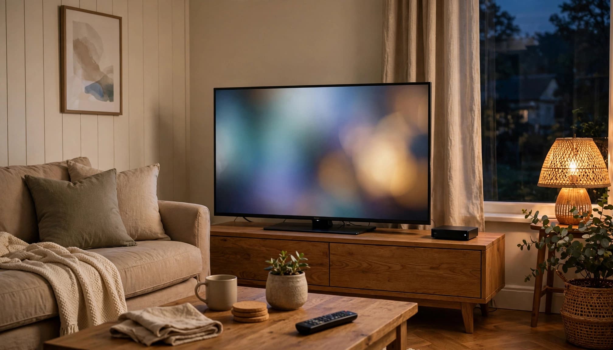 A television and streaming device in a tidy living room, with a remote on the coffee table.