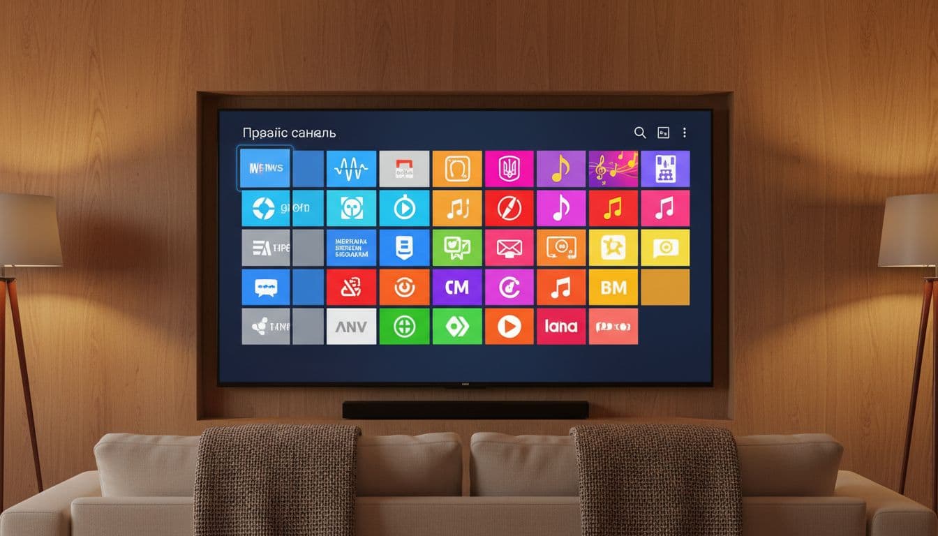 A modern smart TV screen in a cozy living room with evening warm lighting displays a grid of colorful Ukrainian TV channel icons like news, sports, and music from an M3U IPTV playlist. Realistic photorealistic style focused on the TV, no people, readable text, logos, watermarks, or extra devices.
