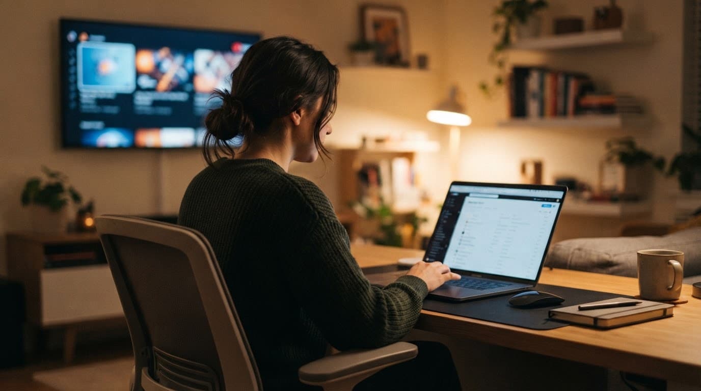 Person reviewing a private streaming playlist on a laptop in a home office.