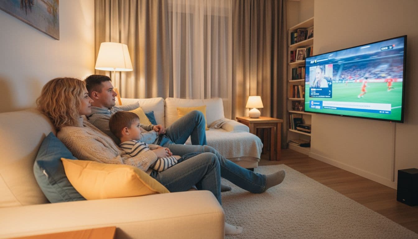A cozy family living room in Ukraine features parents and one child relaxed on a soft couch, watching a large flat-screen TV with colorful Ukrainian channels like news or sports, under warm evening lamp light.