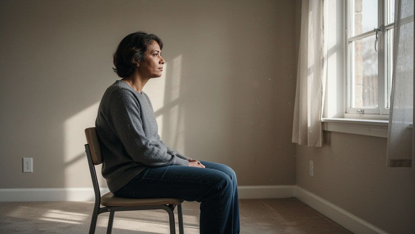 An adult sits alone beside a bright window.
