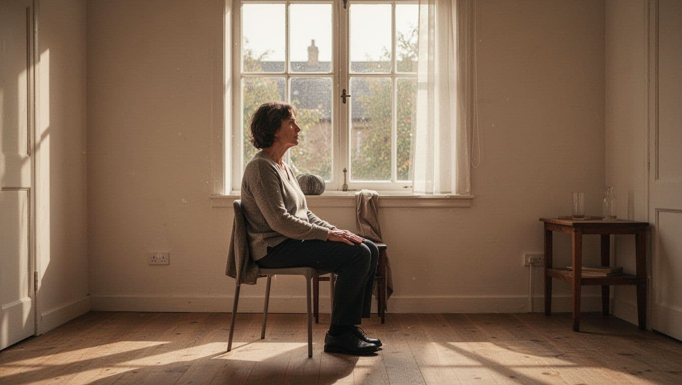 An adult sits alone in a softly lit room, looking toward a window.