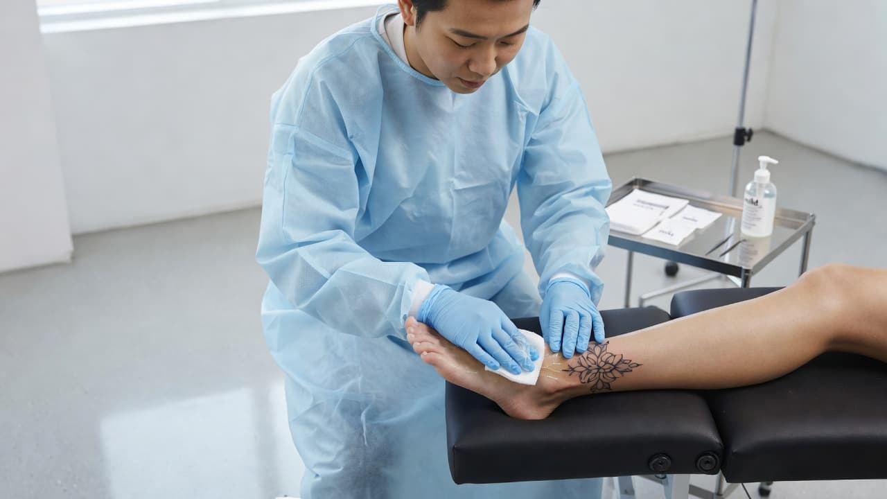 An artist gently cleaning a fresh ankle tattoo with sterile gauze.