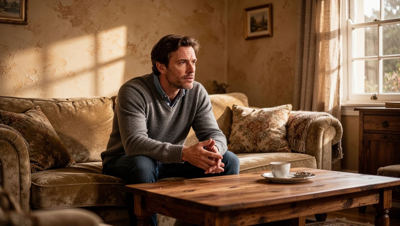 Thoughtful man listening in a warmly lit living room.