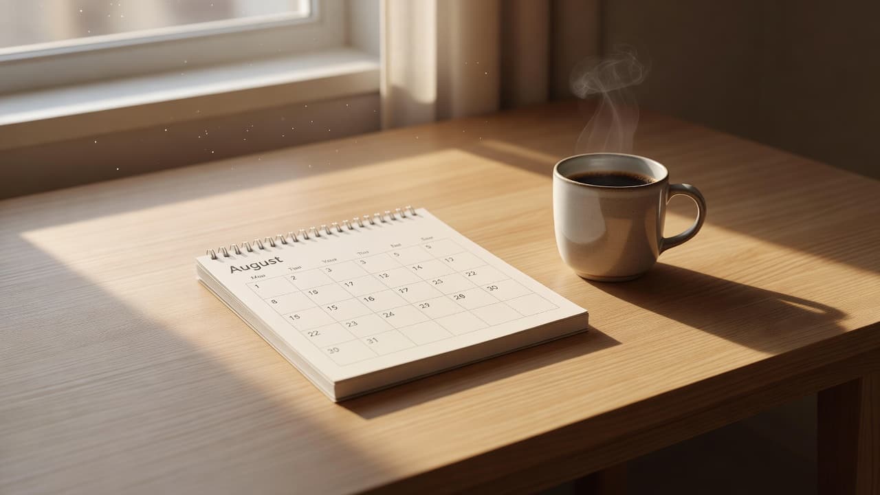 A desk with an August calendar and coffee in morning sunlight.