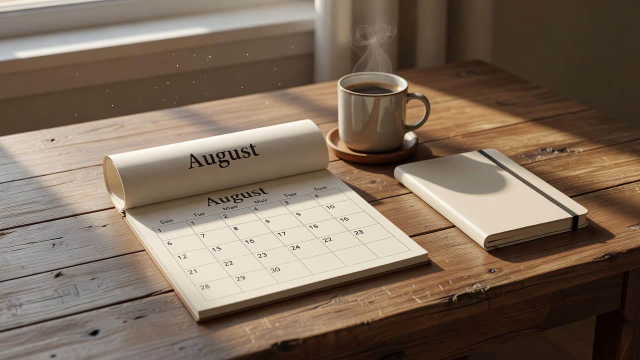 An open August calendar and coffee cup on a sunny wooden desk.