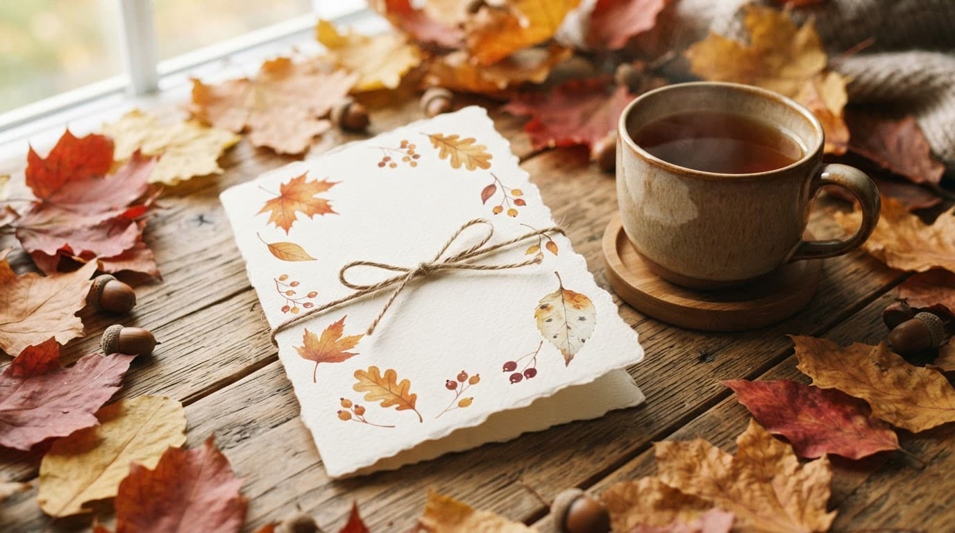 An anniversary card beside autumn leaves and a warm cup of tea.