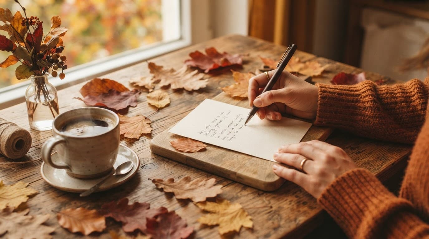 A person writing an anniversary note beside coffee and autumn leaves.