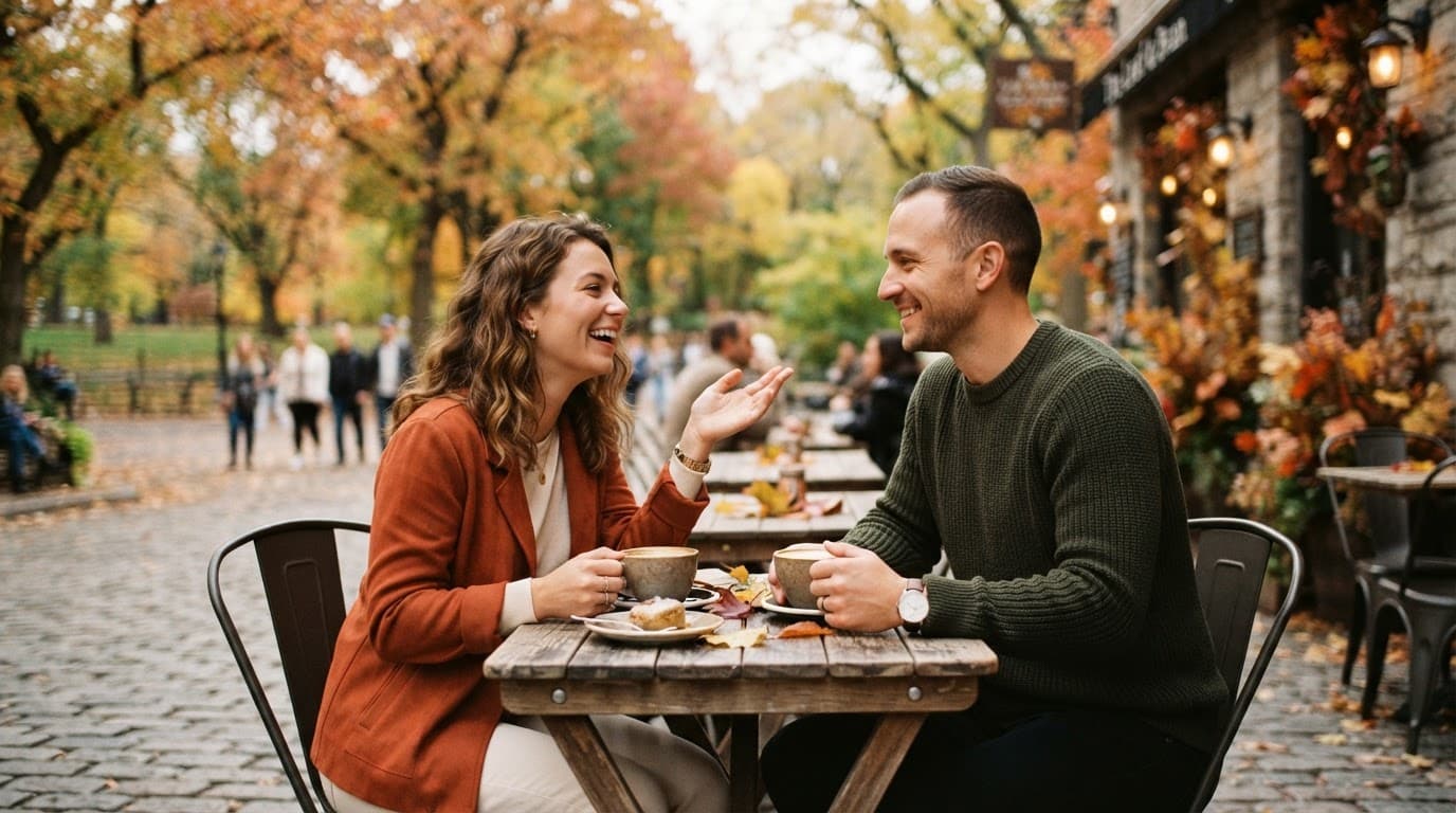 A couple talks over coffee at an outdoor cafe surrounded by autumn leaves.