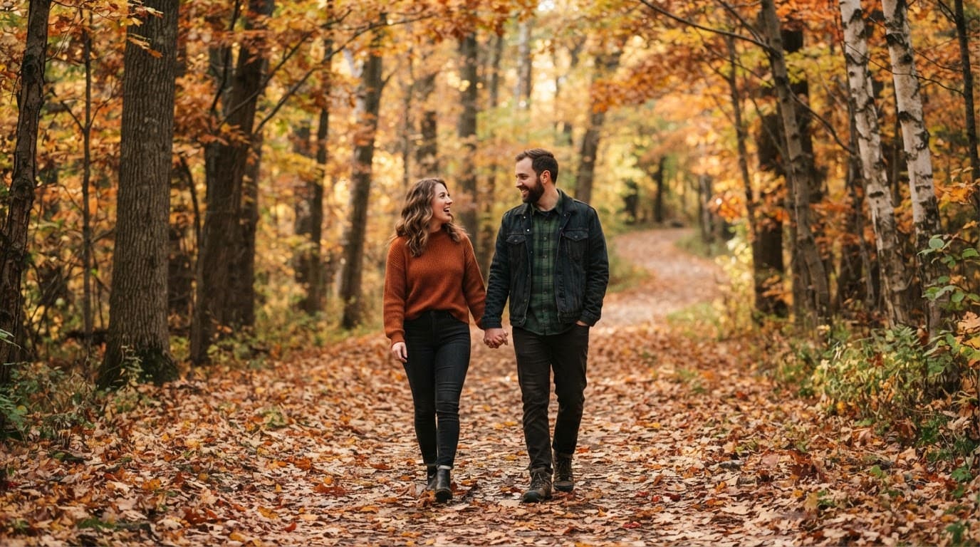 A couple walks together on a leafy autumn path.