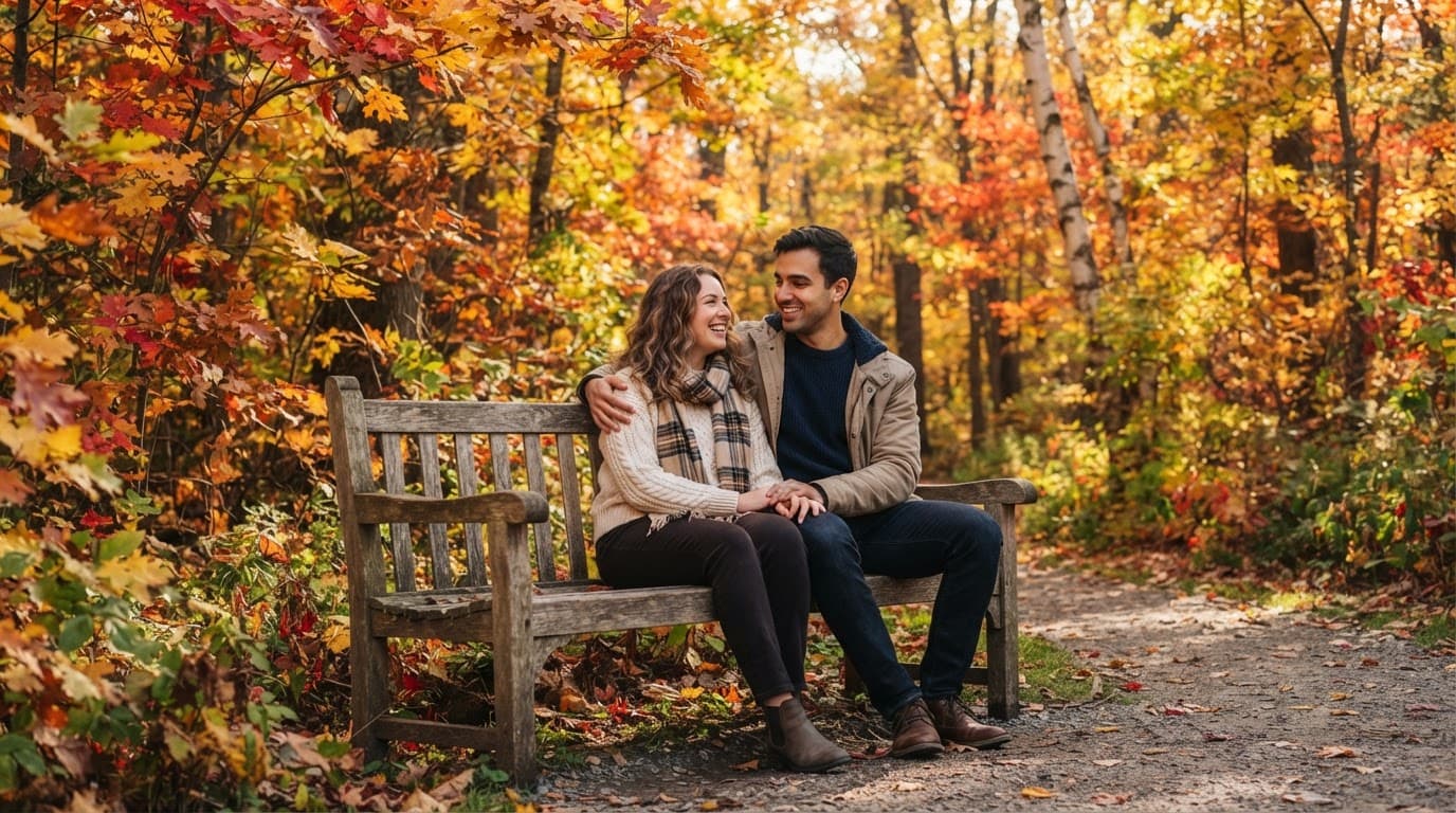 A couple sits together on a wooden bench beneath colorful autumn trees.