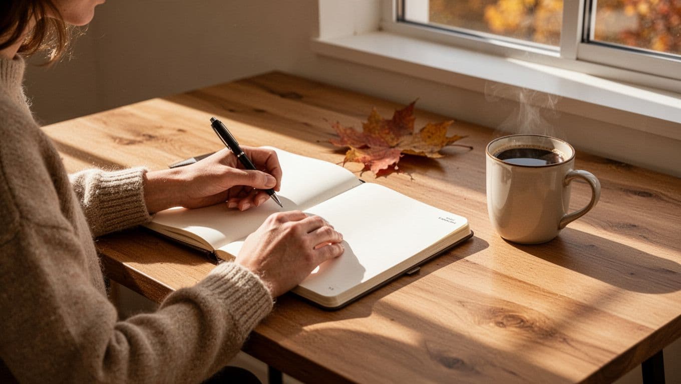 Person writing in a planner beside coffee on a wooden desk in warm autumn light.