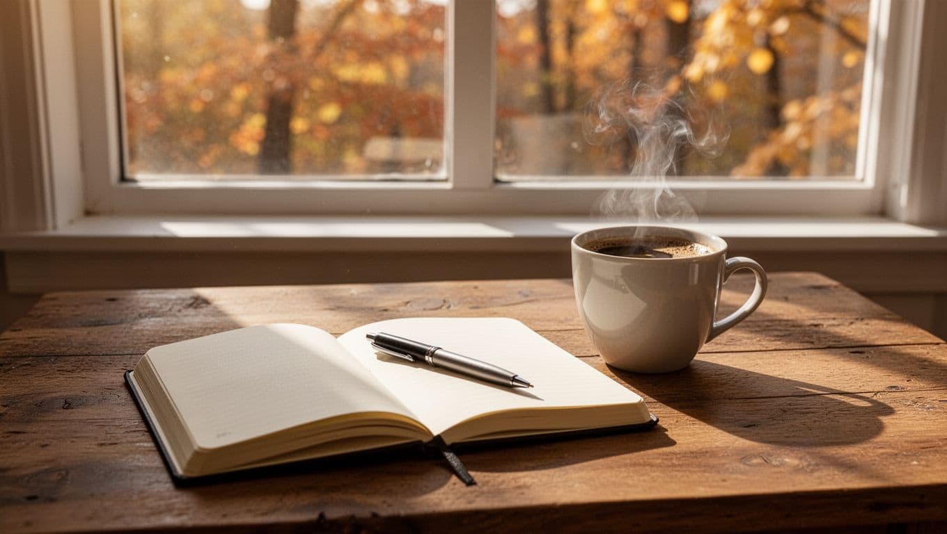 A wooden desk with a notebook, pen, and coffee cup beside a sunny window.