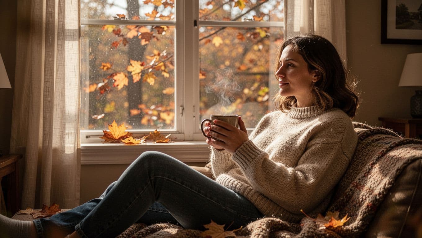 Person holding a warm mug beside a window with autumn leaves outside.