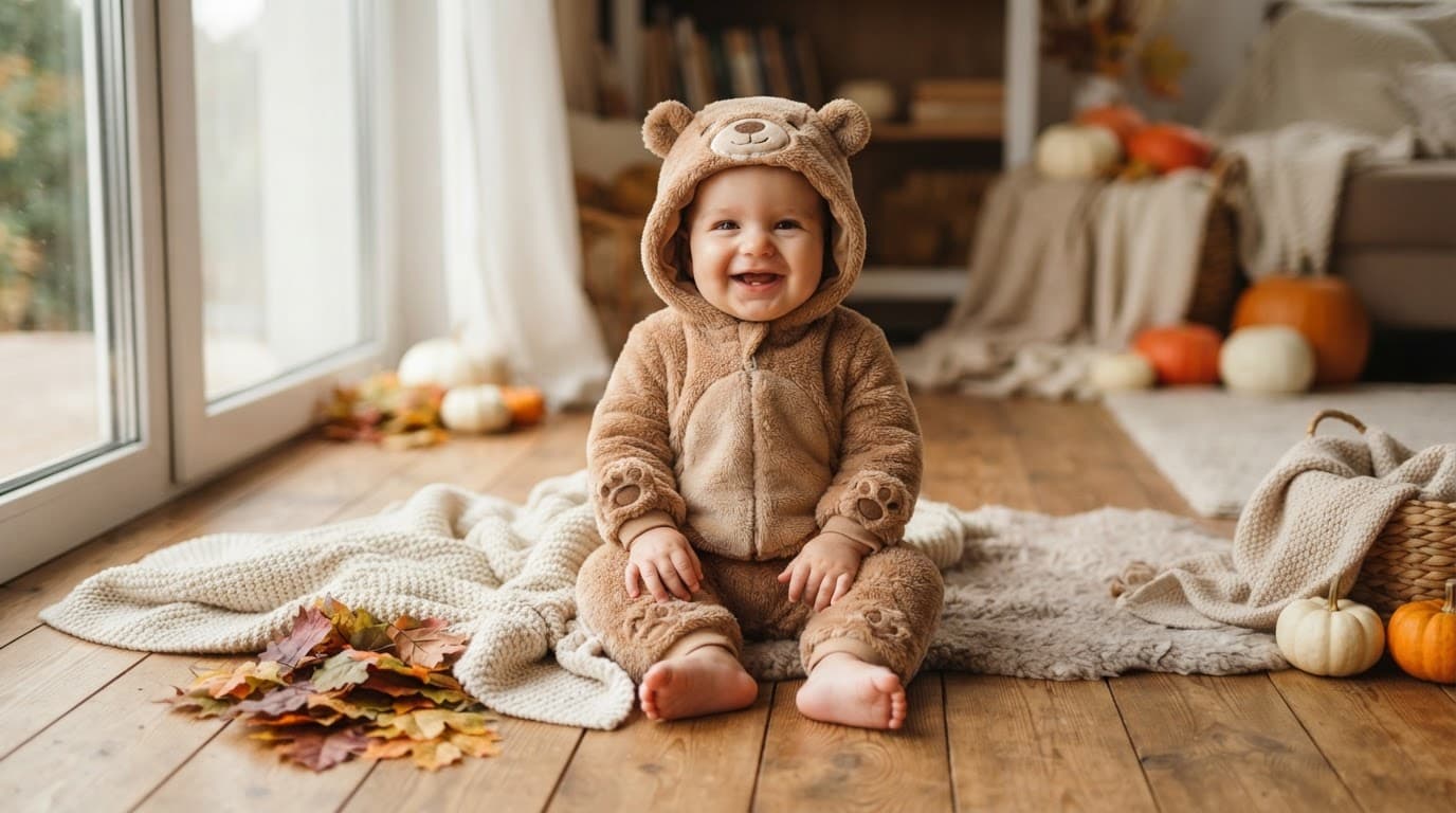 Baby in a plush bear costume sitting on a wooden floor.