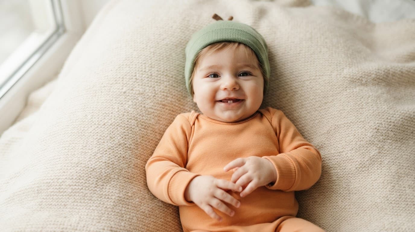 Baby in an orange sleeper and green hat resting on a neutral blanket.