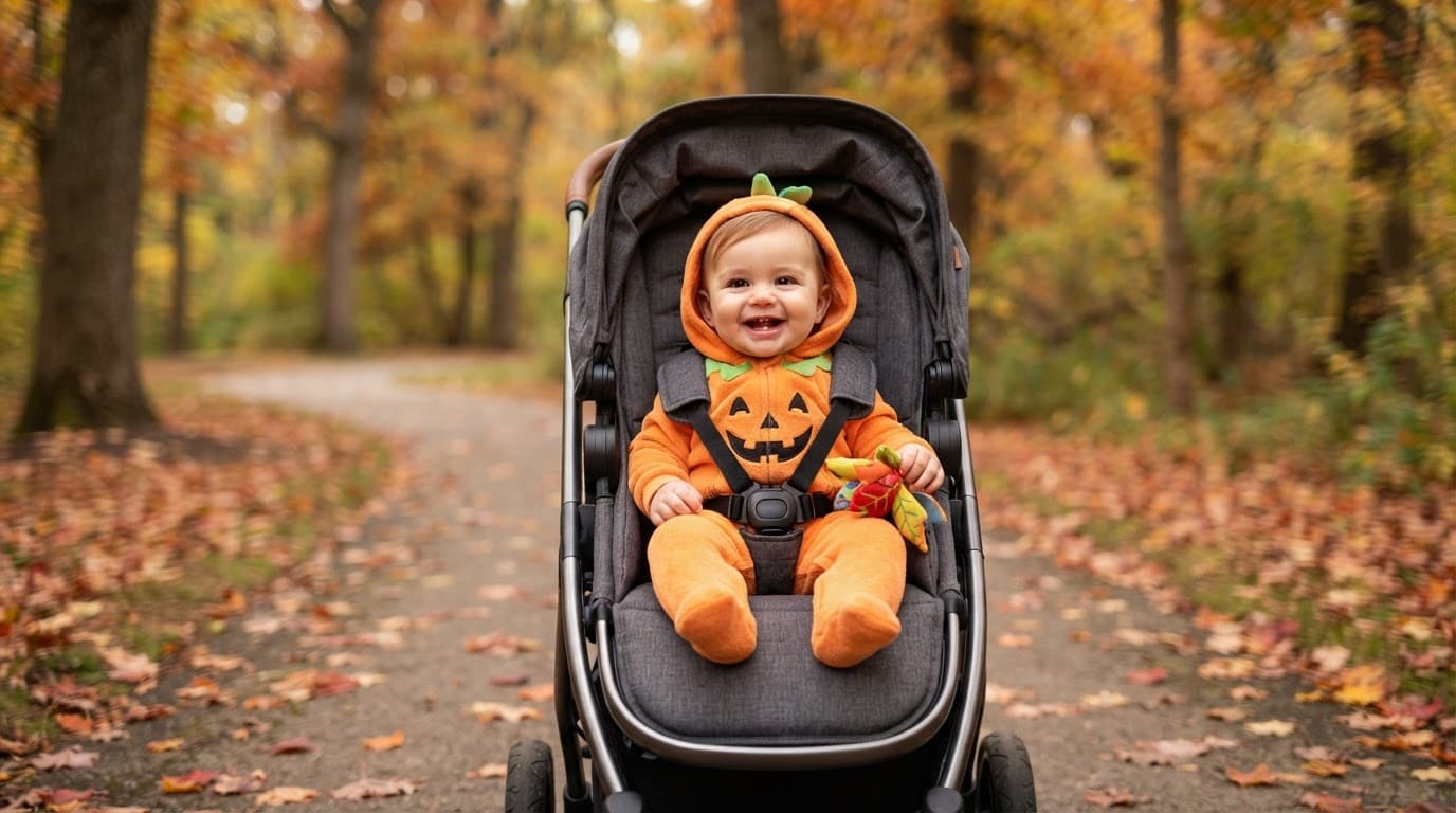 Smiling baby in a pumpkin sleeper sitting in a stroller among fall leaves.